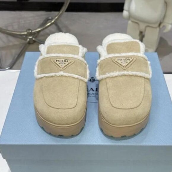 Prada Beige Suede Shearling Mules - Picture 1 of 8